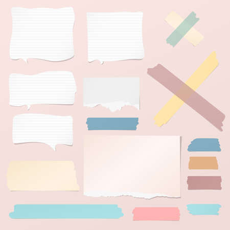 White ripped blank, colorful note, notebook paper strips, sheets, speech bubble, sticky tape for text or message stuck on pink backgroundのイラスト素材