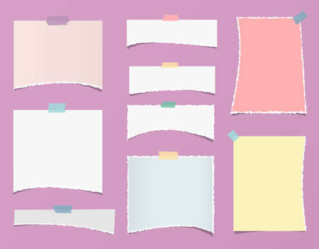 White, colorful ripped blank note, notebook paper strips for text or message stuck with sticky tape on violet backgroundのイラスト素材