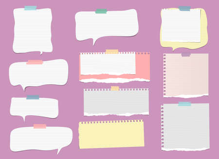 White, colorful ripped lined note, notebook paper strips, speech bubble for text or message stuck with sticky tape on violet backgroundのイラスト素材