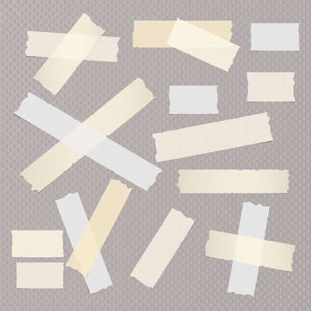 Brown and white different size adhesive, sticky, masking, duct tape, paper pieces on dark gray squared background.のイラスト素材
