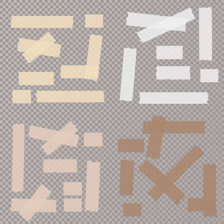 Brown and white different size adhesive, sticky, masking, duct tape, paper pieces on dark gray squared background.のイラスト素材