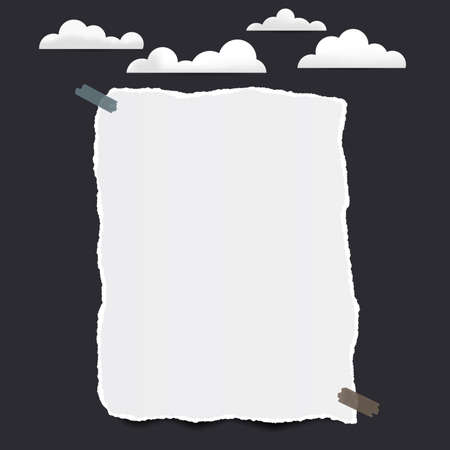 Ripped white blank note, notebook paper sheet for text or message stuck with sticky tape on black background with cloudsのイラスト素材