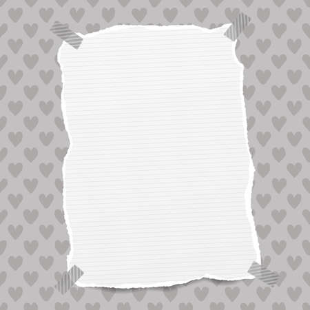 Ripped blank note, notebook paper sheet for text or message stuck with sticky tape on gray background created of heart shapes.のイラスト素材