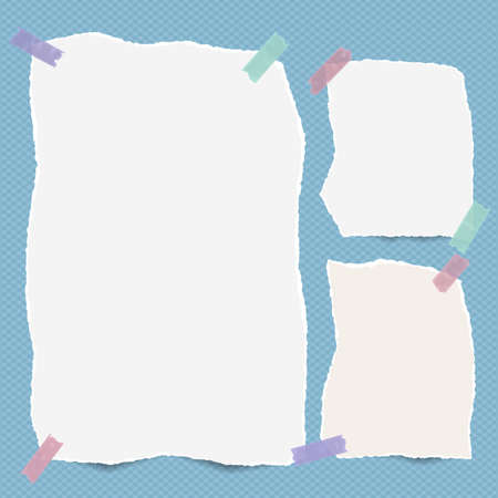 Pieces of torn white note, notebook paper stuck with sticky tape on blue squared background.のイラスト素材