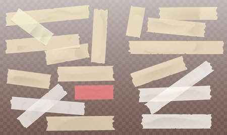 Yellow and white different size adhesive, sticky, masking, duct tape, paper pieces for text on brown squared background.のイラスト素材