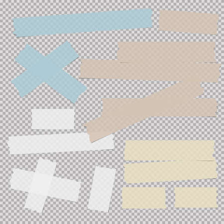 Blue, brown, white and yellow adhesive, sticky, masking, duct tape, paper pieces for text on gray squared backgroundのイラスト素材