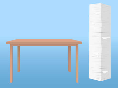 Stack of white paper sheets near brown table stand on blue floor in roomのイラスト素材