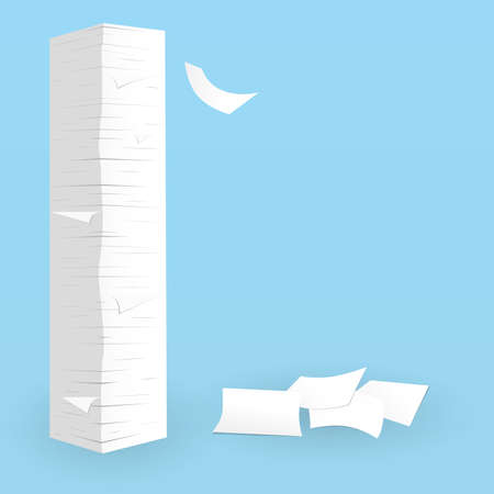 Stack of white sheets paper flying in blue room on floorのイラスト素材