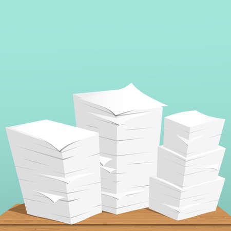 Stack of white sheets and paper in office on brown table top.のイラスト素材