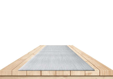 Brown wooden table of planks with metal, aluminum plate on top used for display your objects.