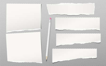 Pieces of torn white blank note, notebook paper strips for text stuck on gray background.のイラスト素材