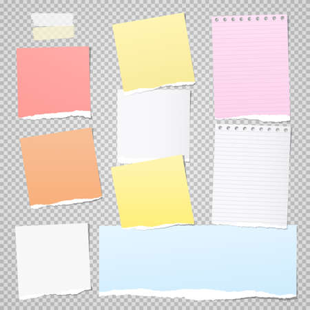Pieces of torn colorful note, notebook paper strips for text stuck on gray squared background.のイラスト素材
