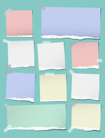 Colorful torn note, notebook paper pieces for text stuck on tuquoise squared background. Vector illustration.のイラスト素材