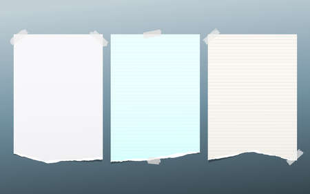 Torn lined note, notebook paper pieces for text stuck with adhesive tape on blue background.のイラスト素材