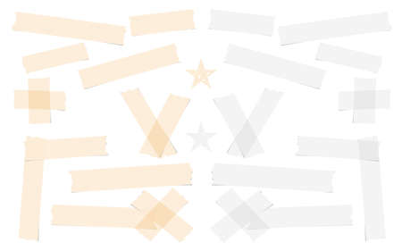 Brown and white adhesive, sticky, masking, duct tape, paper strips, pieces for text on blue squared backgroundのイラスト素材