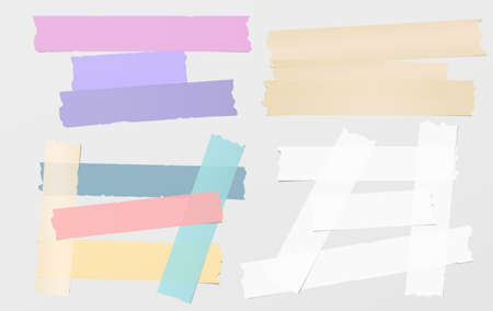Colorful and white adhesive, sticky paper strips, pieces for text on gray background.のイラスト素材