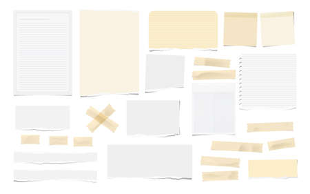Brown adhesive, sticky, masking, duct tape pieces, white torn note, notebook paper for text are isolated on white background.のイラスト素材