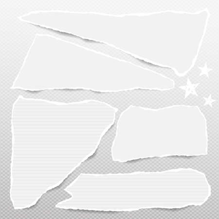 Pieces of torn white lined note, notebook paper strips stuck on gray squared background with stars.のイラスト素材