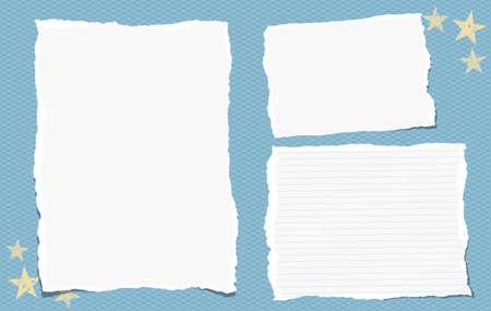 Torn blank and lined note, notebook paper pieces for text stuck on blue square background. Vector illustration.のイラスト素材