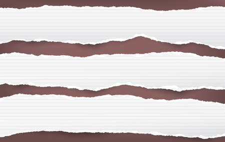 White ripped lined horizontal note paper strips for text or message stuck on brown backgroundのイラスト素材