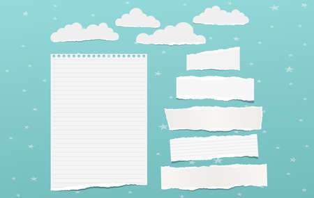 White torn note, notebook paper pieces for text, clouds with stars stuck on blue background. Vector illustration.のイラスト素材