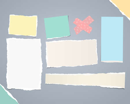 Colorful torn note, notebook paper pieces for text stuck on gray background. Vector illustration.のイラスト素材