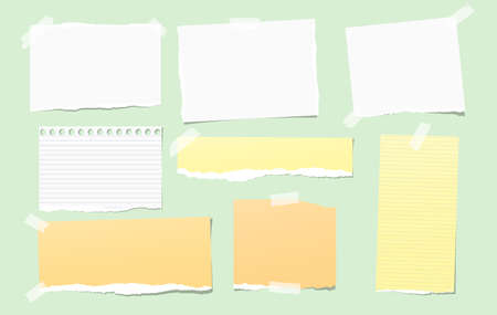 Colorful and white torn note, notebook paper pieces for text stuck on bright green background. Vector illustration.のイラスト素材