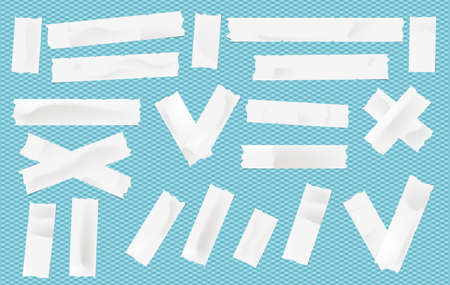 White adhesive, sticky, masking, duct tape, paper strips pieces for text on blue squared background.のイラスト素材