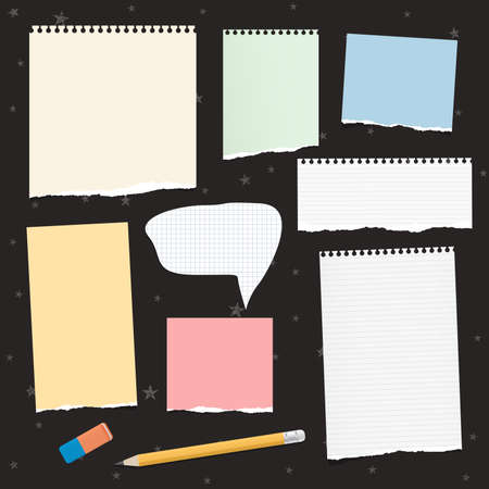Torn colorful and white empty note, notebook paper for text stuck on black background with stars pattern. Vector illustration.のイラスト素材