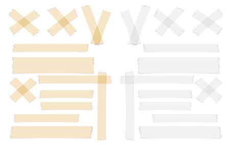 White and brown adhesive, sticky, masking, duct tape, paper strips pieces for text on white backgroundのイラスト素材