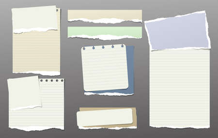 Colorful note, notebook paper pieces with torn edge stuck on dark gray backgroud. Vector illustration.の写真素材