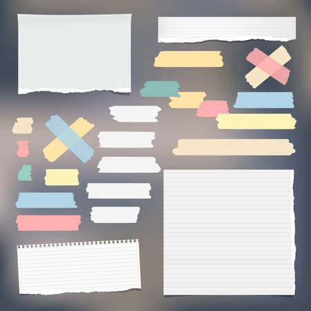 Colorful adhesive, sticky, masking, duct tape strips with note, notebook paper for text on gray background. Vector illustration.のイラスト素材