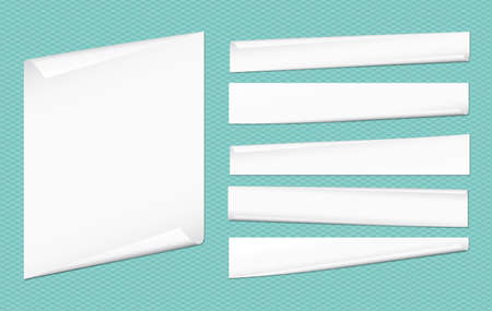 Set of white notebook paper strips with curled corners for text or advertising message on turquoise background.のイラスト素材