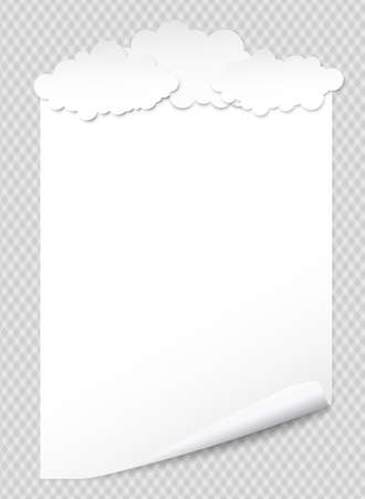 White notebook paper with curled corner for text or advertising message on gray squared background with cloudsのイラスト素材