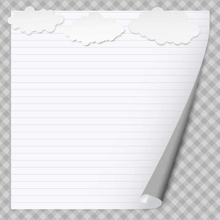 White lined note notebook paper with curled corner for text or advertising message on squared background with cloudsのイラスト素材