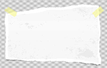 White torn note, notebook paper with torn edges and stains stuck with sticky tape on gray squared backgroud. Vector illustrationのイラスト素材