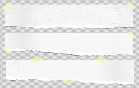 White note, notebook paper strips with torn edges stuck with sticky tape on gray squared backgroud. Vector illustrationのイラスト素材