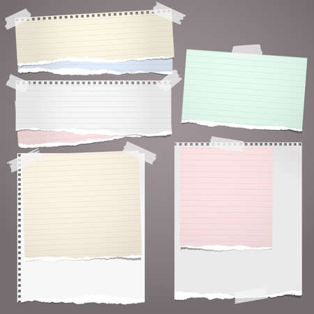 White and colorful ripped notebook paper, torn lined note paper strips stuck on brown background. Vector illustrationの写真素材