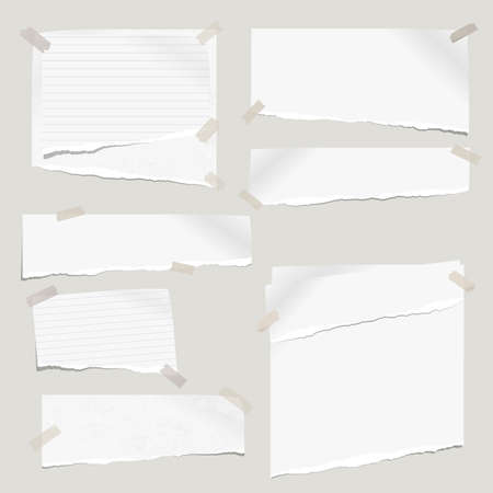 White ripped notebook paper, torn note paper strips stuck with sticky tape on grey background. Vector illustrationの写真素材
