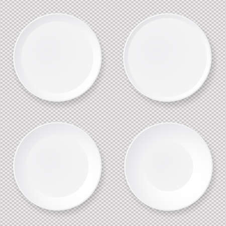 Set of empty white round paper or plastic plates with soft shadow are on squared background. Vector illustration.のイラスト素材