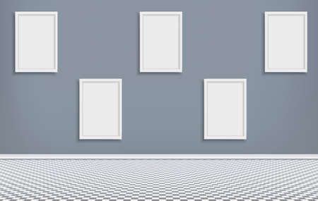 Room with white frames which hanging on dark blue wall, floor with squared pattern, interior of empty living room. Vector illustration.のイラスト素材