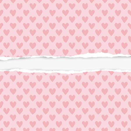 Ripped horizontal pink paper with heart shapes pattern for text or message on white background. Vector illustration.のイラスト素材