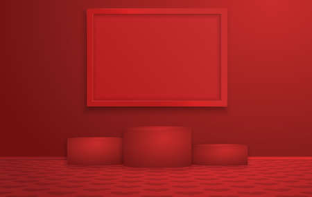 Romantic room with red wall, floor with hearts pattern, pedestal and frame, interior of empty living room, vector illustration.のイラスト素材