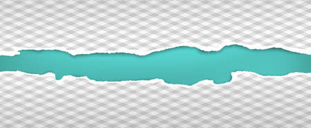 Piece of torn horizontal squared paper strips on turquoise background. Vector illustration.のイラスト素材