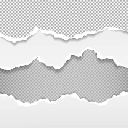 Torn, ripped, white and squared paper strips with soft shadow are on squared background. Vector template illustrationのイラスト素材