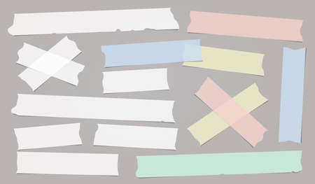 Colorful white adhesive, sticky, masking, duct tape strips for text are on grey background. Vector illustrationのイラスト素材