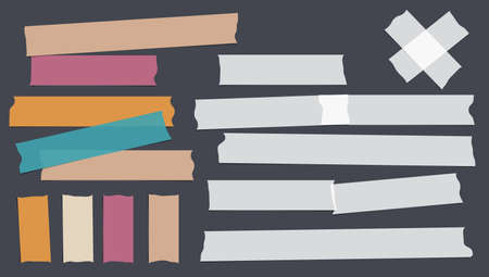 White and colorful adhesive, sticky, masking, duct tape strips for text are on black background. Vector illustrationのイラスト素材