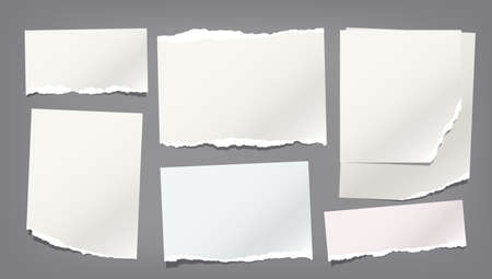 Ripped, torn note, notebook paper strips, copybook sheet stuck on dark grey background. Vector illustrationのイラスト素材