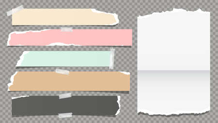 White colorful ripped, torn note, notebook paper strips, stuck with sticky tape on dark grey background. Vector illustrationのイラスト素材