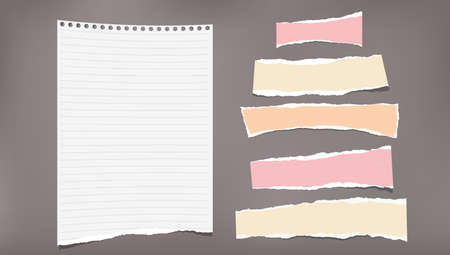 Set of torn white lined and colorful note, notebook strips, paper pieces stuck on dark brown background. Vector illustration.のイラスト素材